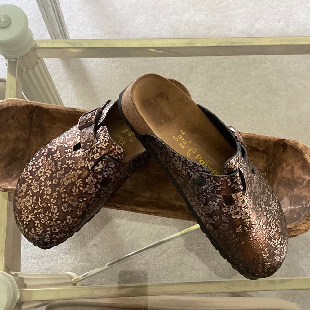 Birkenstock Papillio Bronze Floral Metallic Flat Clog Mules Shoes Size 11